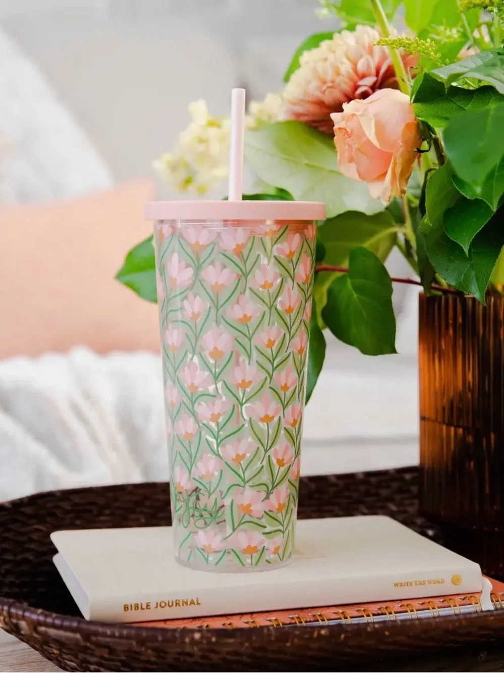 Floral Pink 24 oz Acrylic Tumbler with Straw